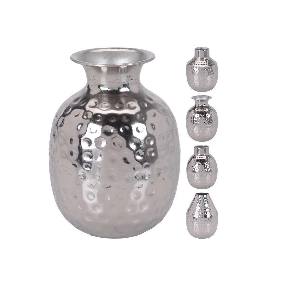 VASE BOTTLE, HAMMERED METAL, SIZE: 9X9X14CM, AVERAGE WEIGHT: 150 GRAM, SILVER COLOUR, 4 ASSORTED DESIGNS