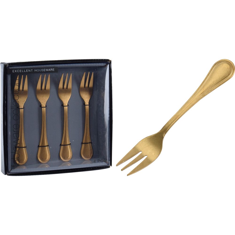CAKE FORK SET OF 4PCS. STAINLESS STEEL. ANTIQUE FINISH, STONE POLISHED GOLD