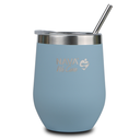 Stainless steel insulated travel mug with straw "We Care", blue 360ml