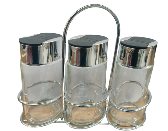 3PCS CUBE GLASS SPICE JAR WITH S/S RACK 110ml - S400100001