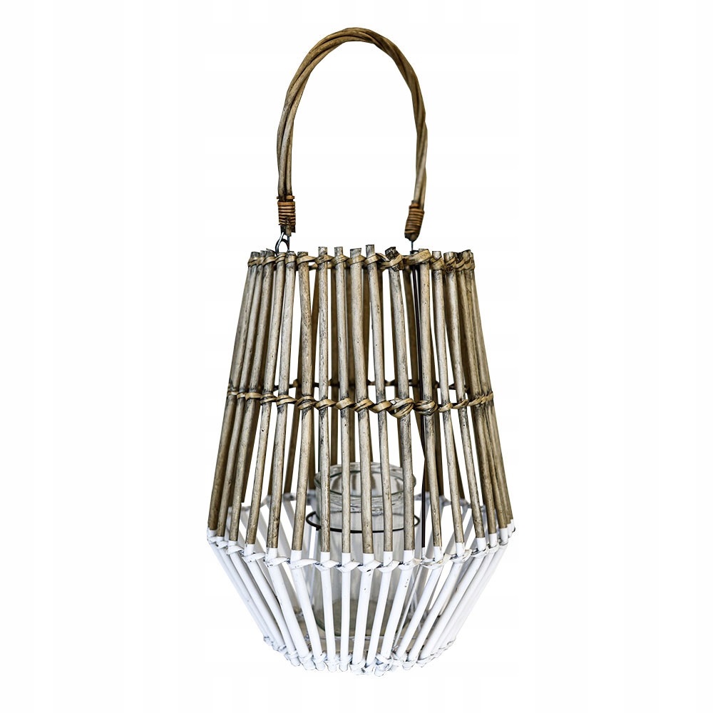 LANTERN FULL WILLOW WITH HANDLE, SIZE 31X31X40CM, NATURAL COLOR WITH WHITE PAINTED BOTTOM HALF
