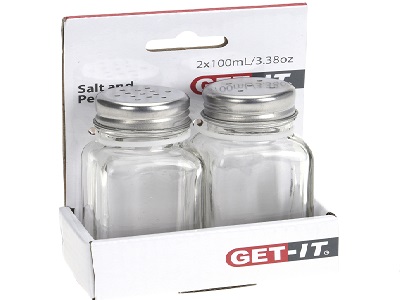 PEPPER AND SALT SHAKER SET OF 2PCS, GLASS WITH STAINLESS STEEL LID, 100ML