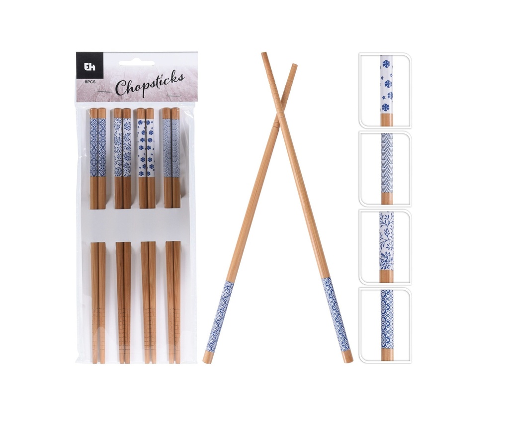 CHOPSTICKS, BAMBOO, SET OF 8PCS, 24CM LENGHT, 7MM THICKNESS. 4 ASSORTED PRINTS