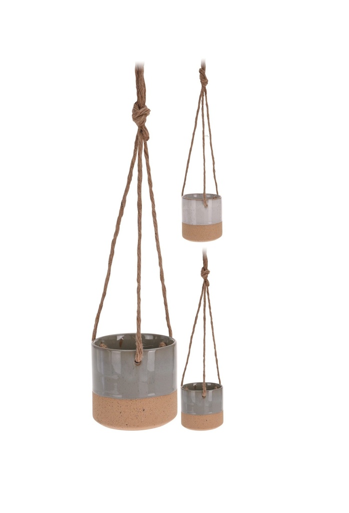 FLOWER POT CERAMIC REACTIVE GLAZE AND SAND FINISH, WITH 40CM HANGING ROPE. 2 ASSORTED COLOURS