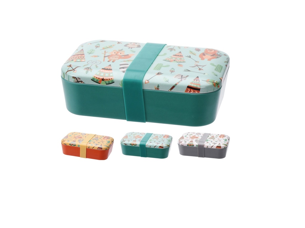 LUNCHBOX BAMBOO FIBER WITH GREEN COLOR SILICONE BAND, SIZE 190X130X55MM, WEIGHT 280 GRAM. TIPI AND ANIMAL DESIGN