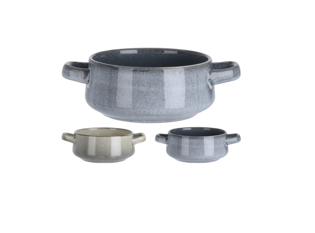 SOUP BOWL STONEWARE, DIA TOP 14CM, INCLUSIVE HANDLE 20CM, HEIGHT 7CM. 750ML / 25.36 OZ. REACTIVE GLAZE, 3 ASSORTED COLORS