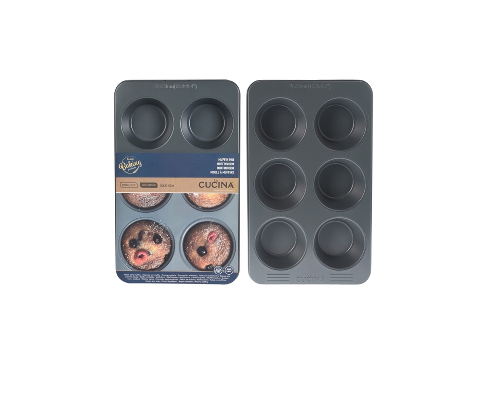 MUFFIN FORM FOR 6PCS INNOTEK-XYNFLON COATING 8610 GREY, SIZE 350X215X40MM, THICKNESS 0.4MM WITH OUR EMBOSSED LOGO, OUR DESIGN COLOR LABEL