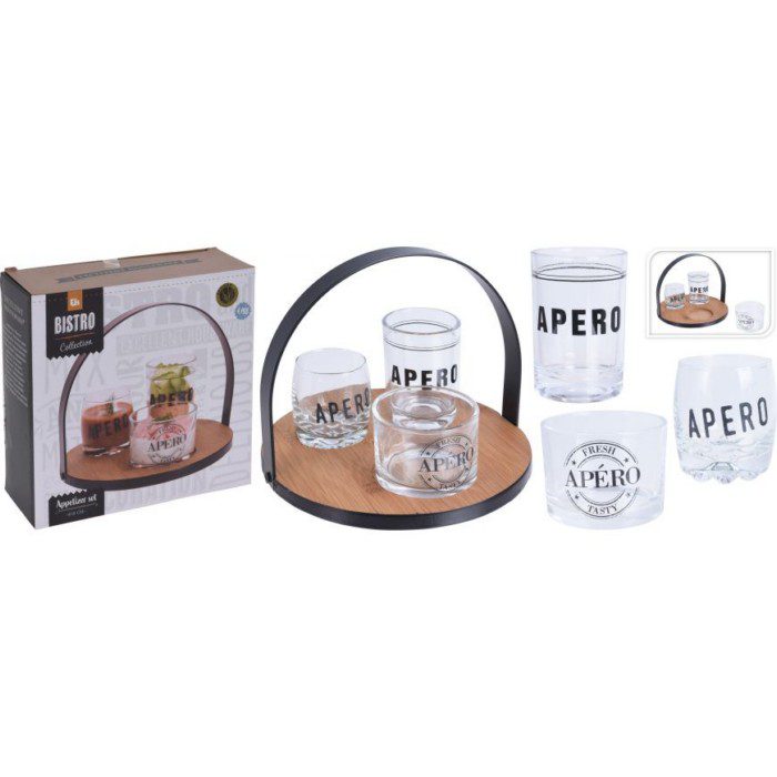 SERVING SET OF 4PCS. 1 PIECE BAMBOO TRAY, DIA 18CM, WITH BLACK METAL GRIP. 3PCS GLASS WITH BLACK DECAL