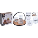 SERVING SET OF 4PCS. 1 PIECE BAMBOO TRAY, DIA 18CM, WITH BLACK METAL GRIP. 3PCS GLASS WITH BLACK DECAL