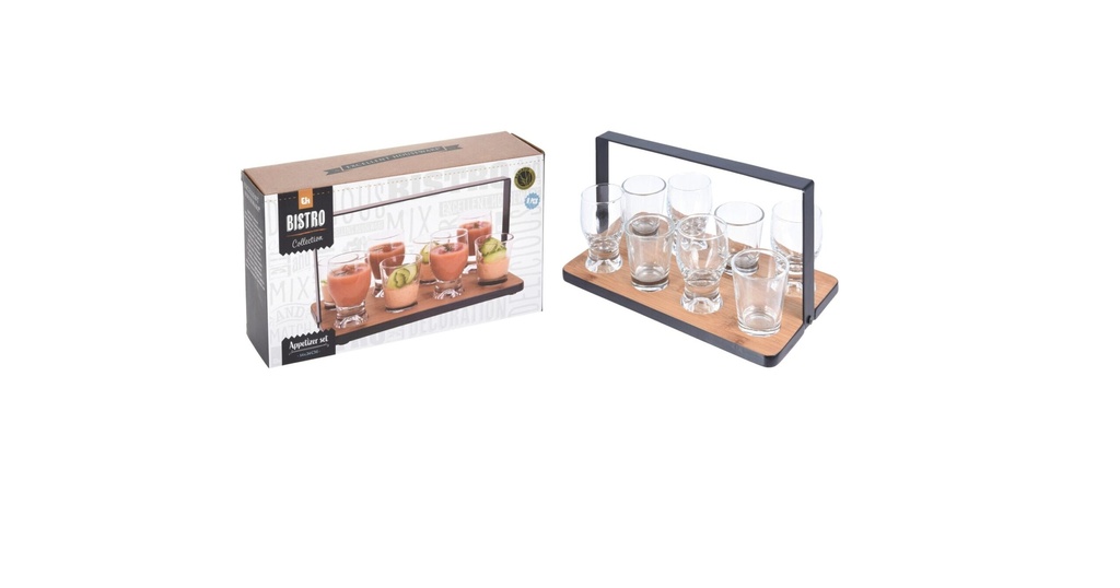 SERVING SET OF 9PCS, 1 PIECE BAMBOO TRAY WITH BLACK METAL GRIP, SIZE 140X240X140MM
