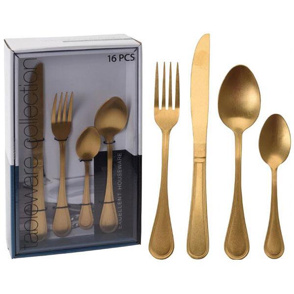 CUTLERY SET OF 16PCS, STAINLESS STEEL 430, ANTIQUE FINISH, STONE WASHED. GOLD FORK AND KNIFE 2MM