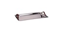 SERVING TRAY RECTANGULAR, STAINLESS STEEL 201 WITH BROWN FAKE LEATHER HANDLES.