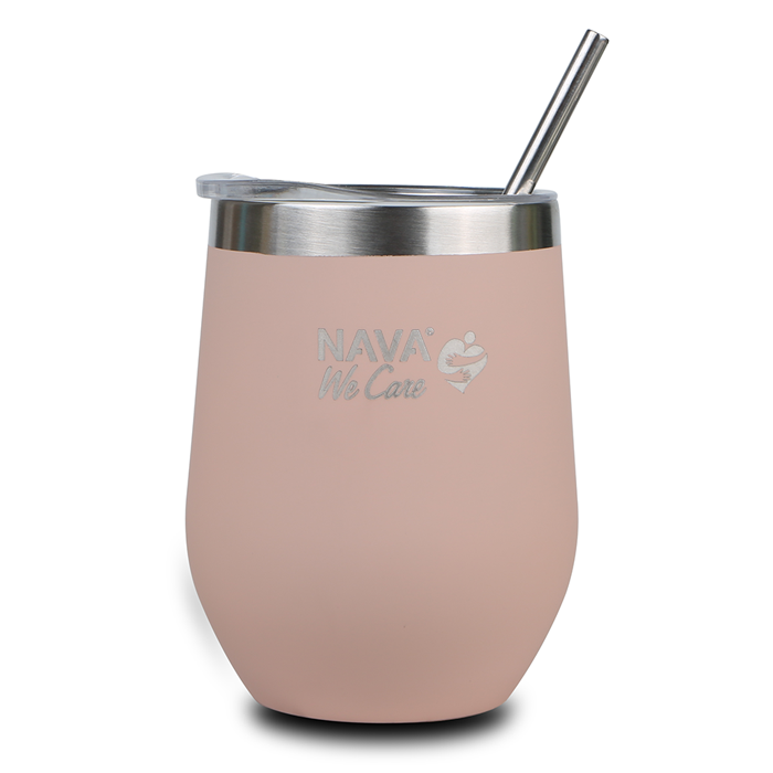 Stainless steel insulated travel mug with straw "We Care", pink 360ml