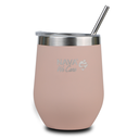 Stainless steel insulated travel mug with straw "We Care", pink 360ml