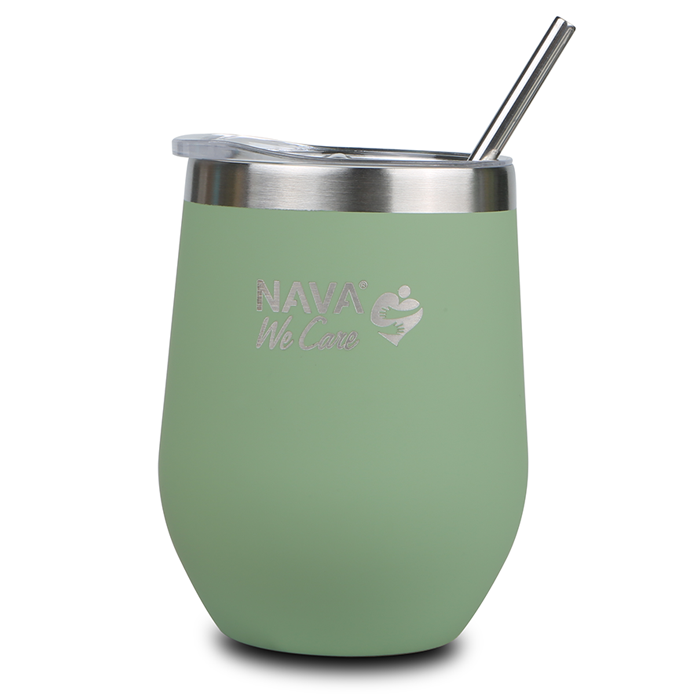 Stainless steel insulated travel mug with straw "We Care", green 360ml