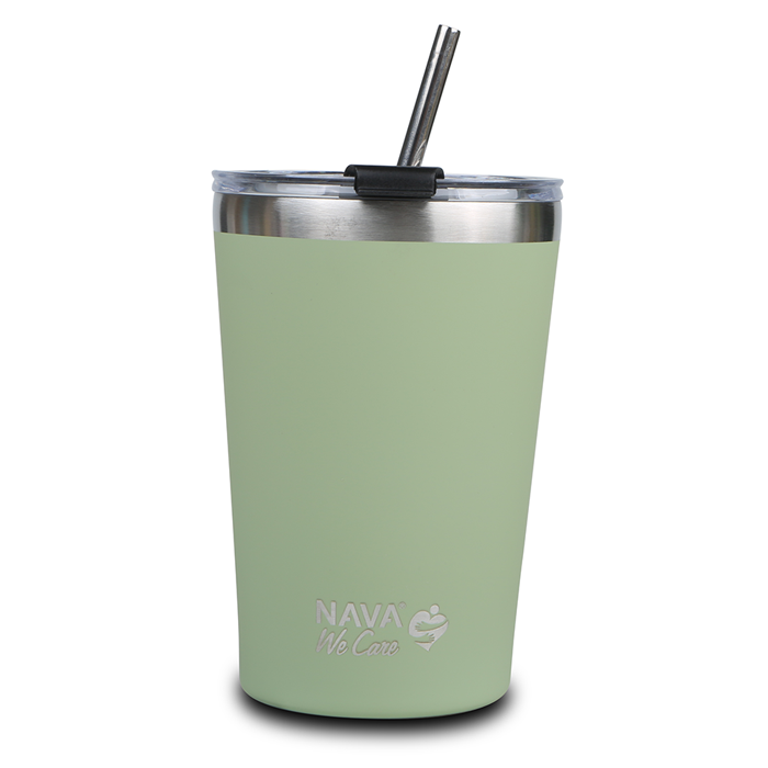 Stainless steel insulated travel mug with straw "We Care", green 450ml