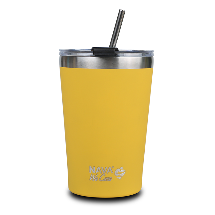 Stainless steel insulated travel mug with straw "We Care", yellow 450ml