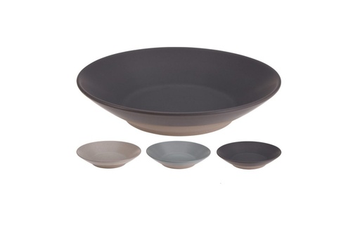 [1000425] PLATE DEEP DESIGN, STONEWARE, SIZE TOP DIA 21CM, BOTTOM DIA 12CM, HEIGHT 5CM. IN 3 ASSORTED COLOURS.