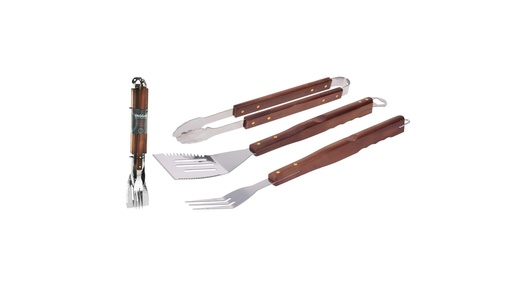 [1000463] BBQ TOOLS SET OF 3PCS 2CR14 STAINLESS STEEL WITH WOODEN HANDLE 1.4MM THICKNESS OF S STEEL