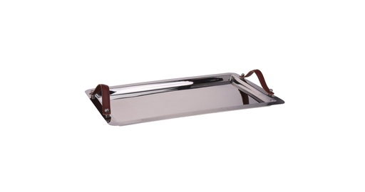 [1000509] SERVING TRAY RECTANGULAR, STAINLESS STEEL 201 WITH BROWN FAKE LEATHER HANDLES.