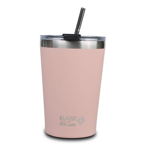 [1003464] Stainless steel insulated travel mug with straw "We Care", pink 450ml